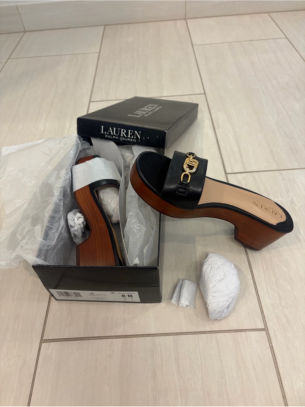 Lauren Ralph Lauren Black Leather Slide Mule with Gold Chain